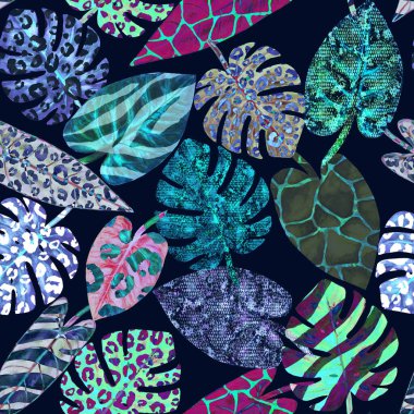 Suluboya yaz cenneti soyut, dikişsiz desenli mavi siyah arka planda parlak tropikal egzotik bitkiler. Hayvan desenli suluboya yapraklar çizilmiş. Tekstil, duvar kağıdı ve ambalaj için..