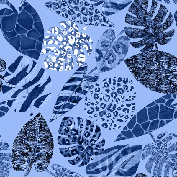 水彩缤纷的蓝色紫色夏季天堂抽象无缝图案与热带异国植物背景 水彩画手绘有动物指纹的叶子 纺织品 包装纸 — 图库照片