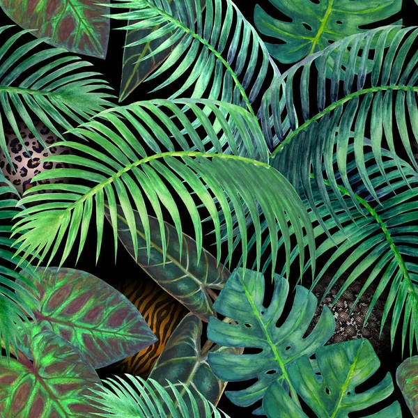 Patrón Sin Costura Verano Abstracto Acuarela Con Plantas Animales Tropicales — Foto de Stock