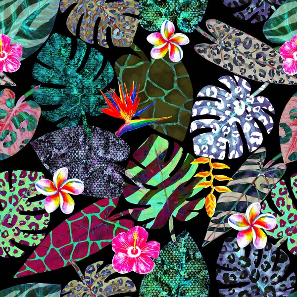水彩画超现实的无缝图案与明亮的热带异国植物 水彩画的手绘树叶和花与动物打印长颈鹿 纺织品 — 图库照片