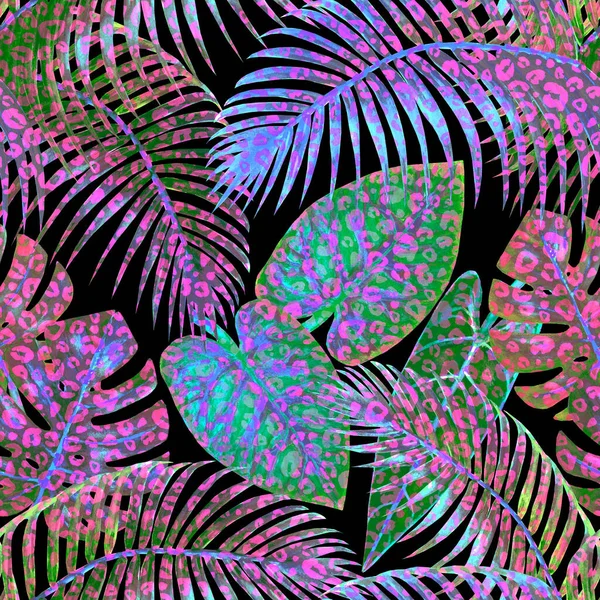 Υδατογραφία Αφηρημένη Αδιάλειπτη Μοτίβο Φωτεινά Χρώματα Νέον Τροπικά Φυτά Υδατογραφία — Φωτογραφία Αρχείου