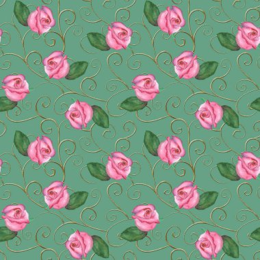 Altın tomarlar, bukleler ve pastel yeşil arka planda gül çiçekleri ile barok klasik, dikişsiz desen. Suluboya el pembe güller çizmiş. Tekstil, duvar kağıdı, ambalaj kağıdı için yazdır.