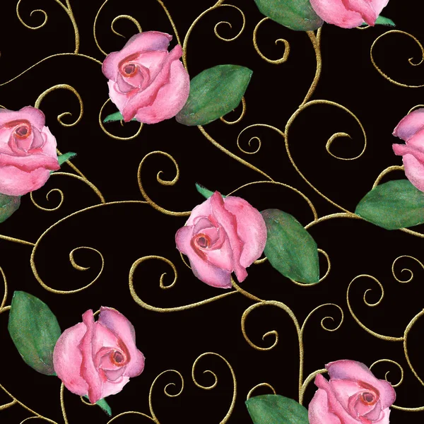 金色の巻物のカールと黒の背景にバラの花を持つバロック様式のヴィンテージシームレスなパターン 水彩手はピンクのバラを華やかに描いた テキスタイル 包装紙のための印刷 — ストック写真