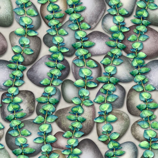赤ちゃんブルーユーカリの枝石壁の背景水彩シームレスパターン 水彩手描きの緑の植物の質感のイラスト テキスタイル 包装紙のための印刷 — ストック写真