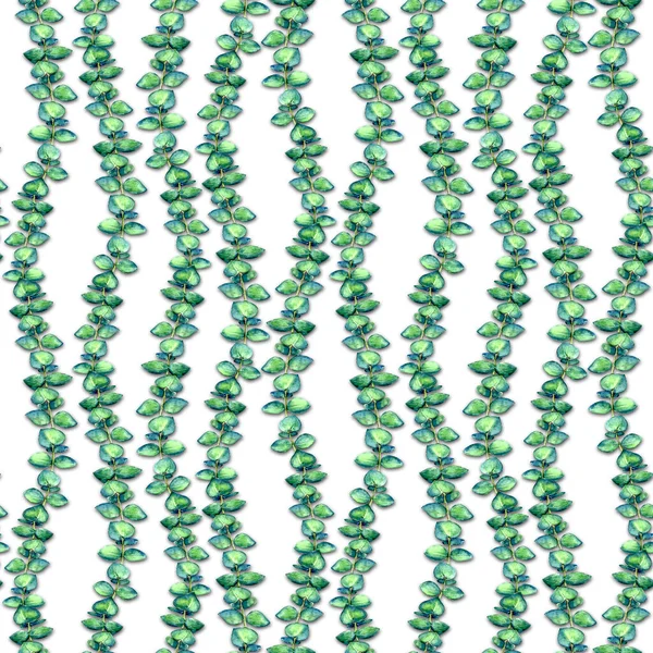 白の背景の水彩のシームレスなパターンにベビーブルーユーカリの枝 水彩手描きの緑の植物の質感のイラスト テキスタイル 包装紙のための印刷 — ストック写真