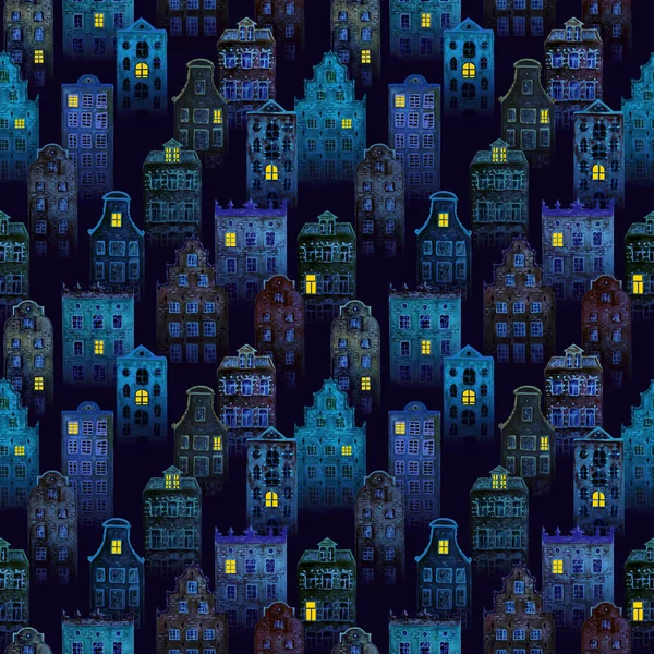Halloween Tündér Sötét Éjszaka Város Zökkenőmentes Minta Akvarell Színes Európai — Stock Fotó