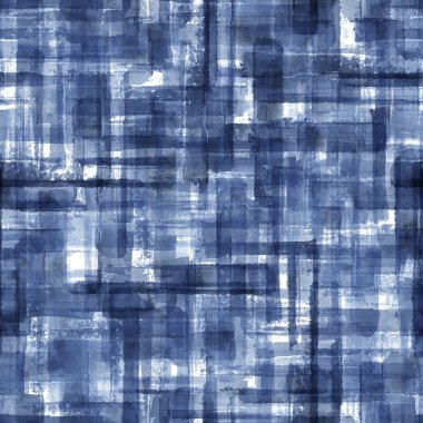 Soyut grunge çapraz geometrik şekiller çağdaş sanat mavisi renksiz model arkaplanı. Suluboya el rengarenk fırça darbeleri dokuyu çizer. Tekstil, duvar kağıdı ve ambalaj için suluboya baskı