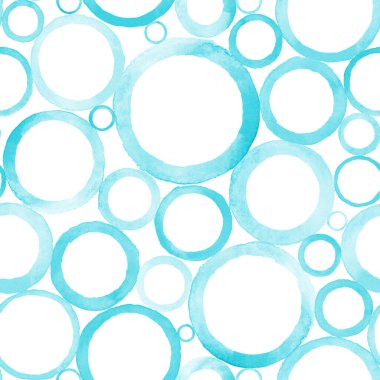 Sulu boya desenli daireler çiziyor. Soyut mavi turkuaz beyaz renkli suluboya arka plan. Elle çizilmiş yuvarlak bir doku. Tekstil, duvar kağıdı, ambalaj kağıdı için yazdır.