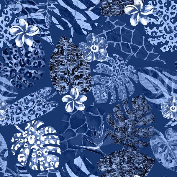 水彩画的蓝色抽象无缝图案与热带异国植物 水彩画手绘棕榈 长颈鹿 长颈鹿 美洲驼 — 图库照片