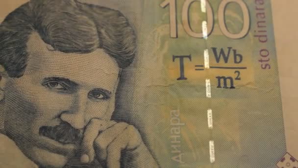 Banconota 100 Dinari Serbi Con Ritratto Nikola Tesla — Video Stock