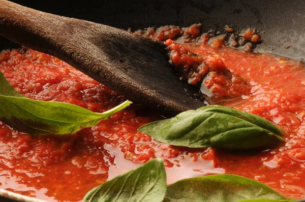 Tomato Sauce Leaves Basil — Stock Photo, Image