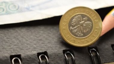 Lehçe para birimi spiral ve kalemle bir defter üzerinde