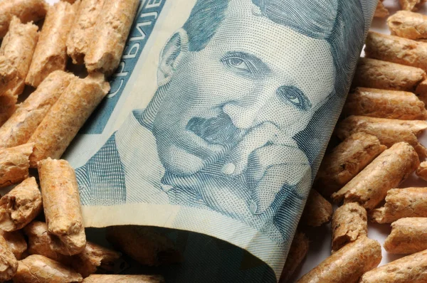Närbild Serbisk Valuta Med Träpellets — Stockfoto