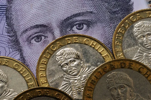 Primer Plano Las Monedas Billetes Chilenos — Foto de Stock