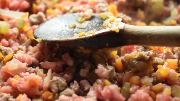 Memasak Daging Cincang Dengan Sayuran Untuk Saus — Stok Video