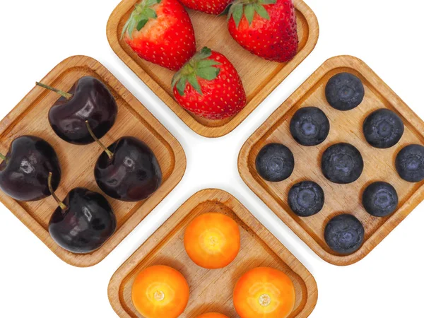 Fresh Summer Fruits Cherry Strawberry Cape Gooseberry Blueberry Wooden Plate — Stock Photo, Image