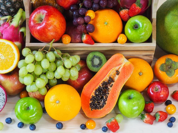 Kleurrijke Verse Groenten Fruit Achtergrond Gezond Eten Concept — Stockfoto