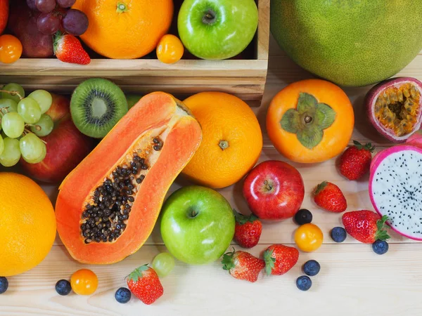 Kleurrijke Verse Groenten Fruit Achtergrond Gezond Eten Concept — Stockfoto