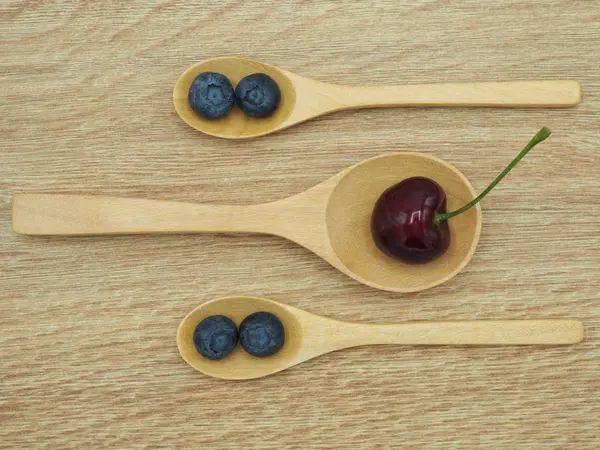 Fresh Cherry Blueberry Spoon Wooden Background Healthy Food Diet — Stock Photo, Image