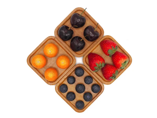 Fresh Summer Fruits Cherry Strawberry Cape Gooseberry Blueberry Wooden Plate — Stock Photo, Image