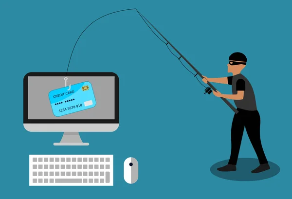 Złodziejem Jest Kradzież Karty Kredytowej Wędkę Komputera Pojęcie Oszustwa Online — Wektor stockowy