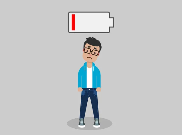 Tired Young Man Standing Low Battery Symbol — Stock Vector