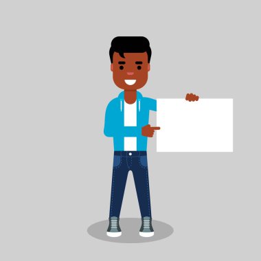 Genç Afro-Amerikan kot pantolon ve kazak sayfa boş tutan ve göstererek. Vektör çizim, düz stil