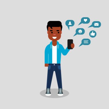 Genç Afro-Amerikan kot pantolon ve kazak onun akıllı telefon bildirimleri bir gülümseme ile bakıyor. Vektör çizim, düz stil