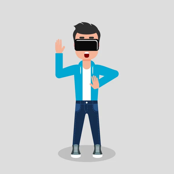Mladí Geek Džíny Mikinu Dívá Prostřednictvím Virtuální Realita Brýle Ustrašeně — Stockový vektor