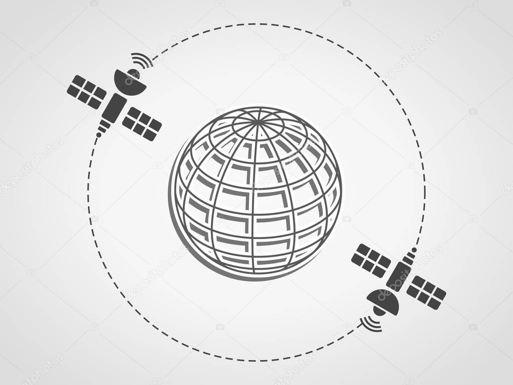 Two satellites orbiting the earth represented as a wireframe sphere on a subtle gray background. Global communication, wireless communication, transfer data, concept