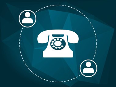 İki kişinin simgelerle mavi düşük poli arka plan üzerinde beyaz vintage telefon. İki kişi iletişim. İletişim, müşteri hizmetleri, kavram. Vektör çizim, düz stil