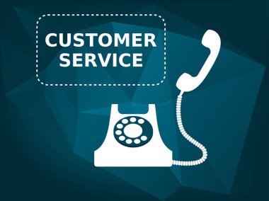 Müşteri hizmet anlayışı. Müşteri hizmeti metin ile beyaz vintage telefon simgesi. Vektör çizim, düz stil. Mavi düşük poli arka plan.