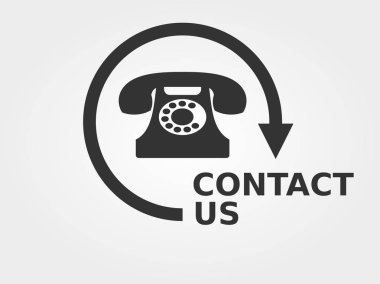 Kavramı simge olarak bize ulaşın. Eski telefon simgesi ile metin bize ulaşın. Açık gri renkli. Vektör çizim, düz stil işareti