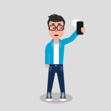 Genç bir adam bir selfie alıyor. O ayakta ve kot pantolon ve kazak, telefon tutarak gülümseyerek. Vektör hisse senedi illüstrasyon, düz stil