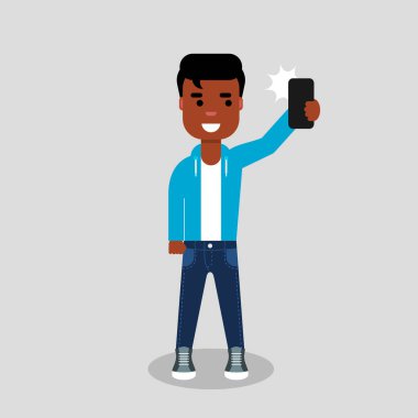 Bir Afrikalı-Amerikalı genç bir selfie alıyor. O ayakta ve kot pantolon ve kazak, telefon tutarak gülümseyerek. Vektör hisse senedi illüstrasyon, düz stil