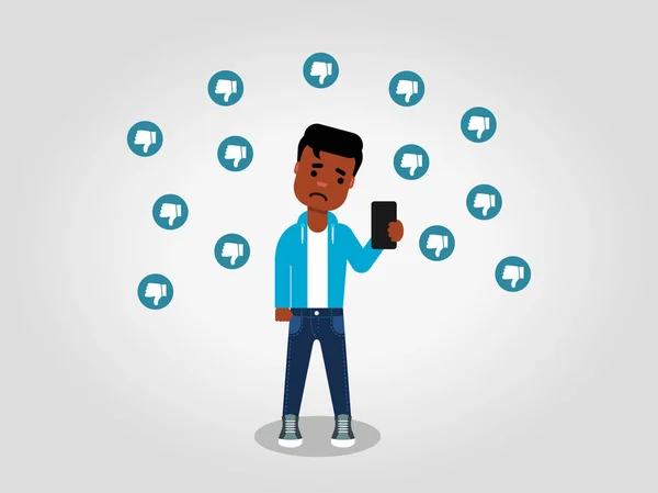 Üzgün genç bir Afrika cep telefonunu, başparmak aşağı işaretleri çevrili bakarak Amerikalı. İnternette hoşlanmamaktadır. Konuşma kavramı nefret ediyorum. Vektör çizim, düz stil. 