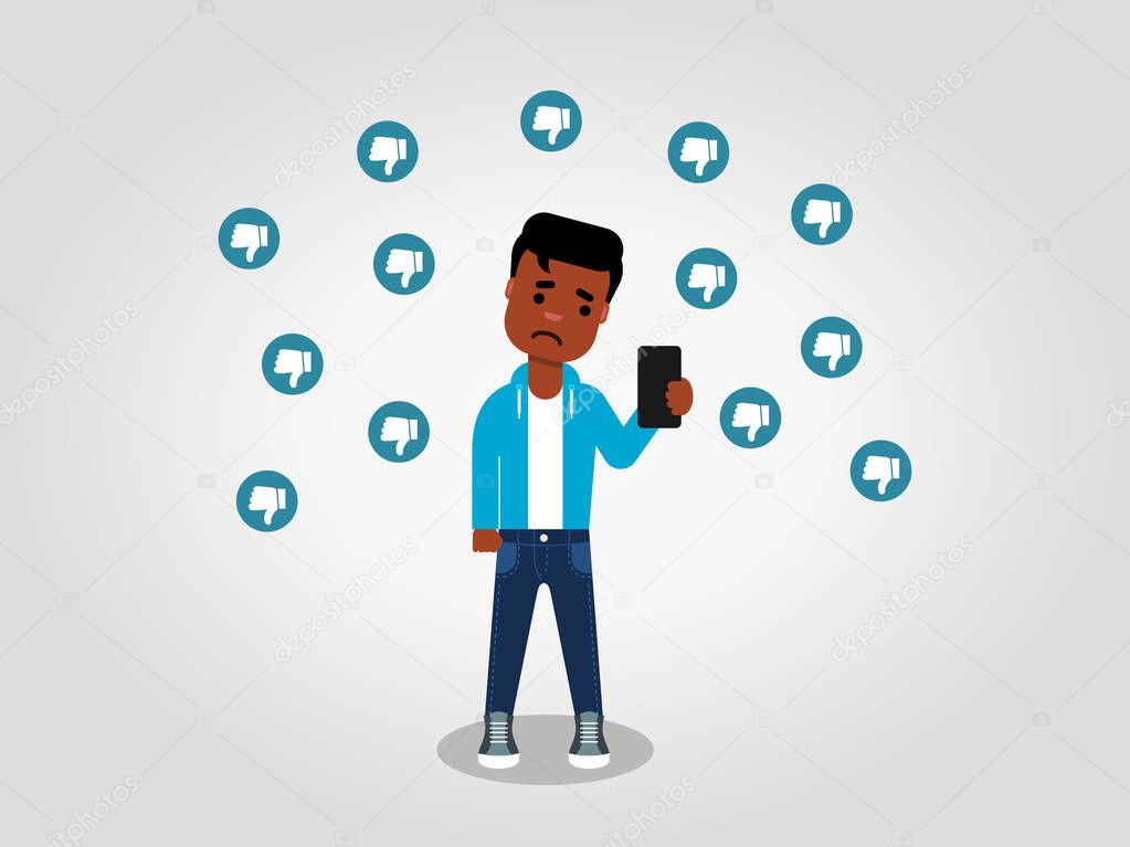 A sad young African American looking at his mobile phone, surrounded by the thumbs down signs. Dislikes on the internet. Hate speech concept.Vector illustration, flat style. 