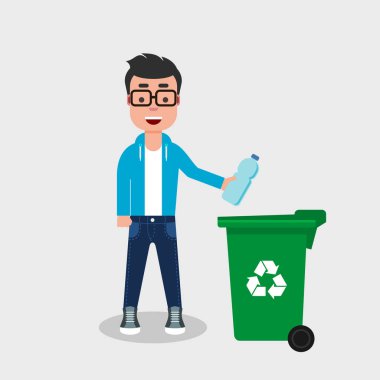 Kot pantolon ve kazak plastik şişe geri Dönüşüm Kutusu'na atma Genç adam. Sıralama çöp, çevre dostu, kavram, ayrılmış plastik atık geri dönüşüm. Vektör çizim, düz stil. 