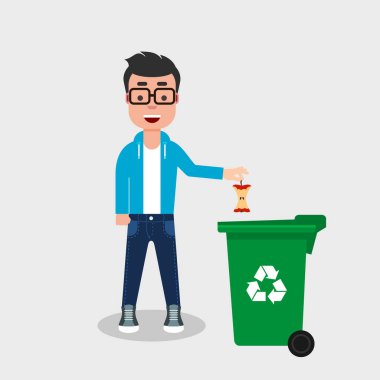 Kot pantolon ve kazak yenmiş elma Geri Dönüşüm Kutusu'na atma Genç adam. Geri dönüşüm organik atık, ayrılmış atık, sıralama çöp, çevre dostu, Kompost, kavram. Vektör çizim, düz stil. 