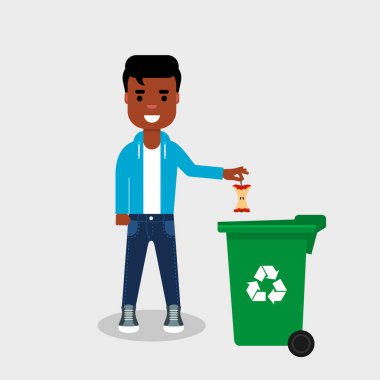 Kot pantolon ve kazak yenmiş elma Geri Dönüşüm Kutusu'na atma Genç Afrika kökenli Amerikalı. Geri dönüşüm organik atık, ayrılmış atık, sıralama çöp, çevre dostu, Kompost, kavram. Vektör çizim, düz