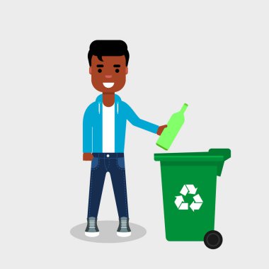 Kot pantolon ve kazak cam şişe geri Dönüşüm Kutusu'na atma Genç Afrika kökenli Amerikalı. Geri dönüşüm cam, ayrılmış atık sıralama çöp, çevre dostu, kavram. Vektör çizim, düz stil. 