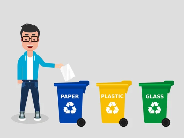 Joven Lanzando Papel Bin Reciclar Apropiado Son Tres Diferentes Color — Vector de stock