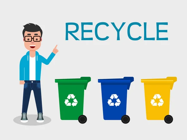 年轻人指着一条回收信息 有三个不同颜色的垃圾桶 回收利用 隔离废弃物 分类垃圾 生态友好理念 向量例证 平的样式 — 图库矢量图片