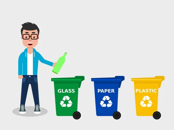 年轻人把玻璃瓶扔在适当的回收站里 有三个不同颜色的垃圾桶 回收玻璃 隔离垃圾 分类垃圾 生态友好的概念 向量例证 平的样式 — 图库矢量图片