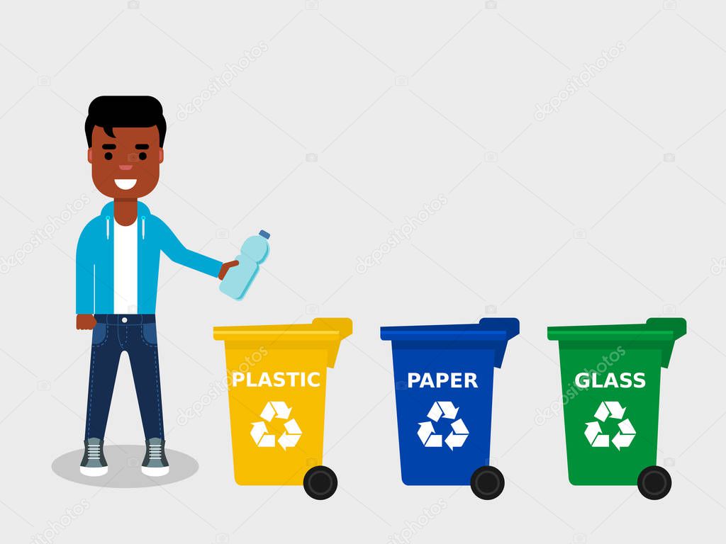 Young African American throwing a plastic bottle in appropriate recycle bin.There are three different colored trash cans.Recycling plastic,segregate waste,sorting garbage,eco friendly concept.Vector illustration, flat style