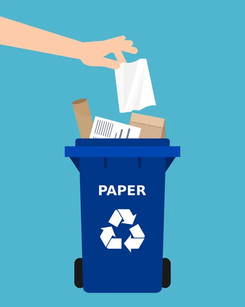 ごみ箱に紙を投げている手 紙のリサイクル 分離廃棄物ごみ 環境にやさしい 概念を並べ替えします 青色の背景色 ベクトル図 フラット スタイル — ストックベクタ