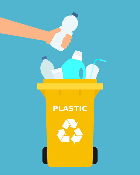 Hand throwing a plastic bottle into a recycle bin. Plastic recycling, segregate waste, sorting garbage, eco friendly, concept. Blue background. Vector illustration, flat style.