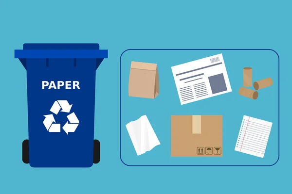 青いゴミ箱は 紙廃棄物リサイクルに適してことができます 紙のリサイクル 分離廃棄物 分別こみ 環境にやさしい コンセプト 青色の背景色 ベクトル図 フラット — ストックベクタ