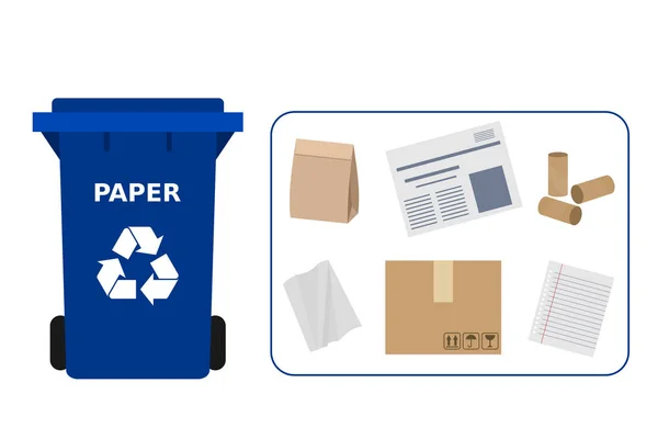Bote Basura Azul Con Residuos Papel Adecuado Para Reciclaje Reciclar — Vector de stock