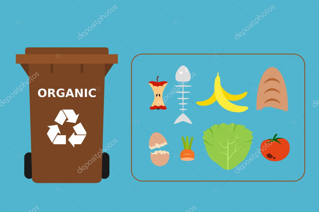 Cubo de basura con residuos orgánicos, reciclaje de basura, ilustración  vectorial